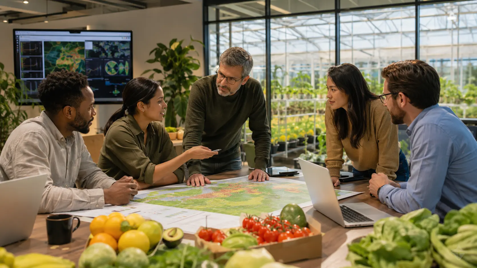 Agricultural scientists, software specialists and export experts collaborating in an agritech workspace