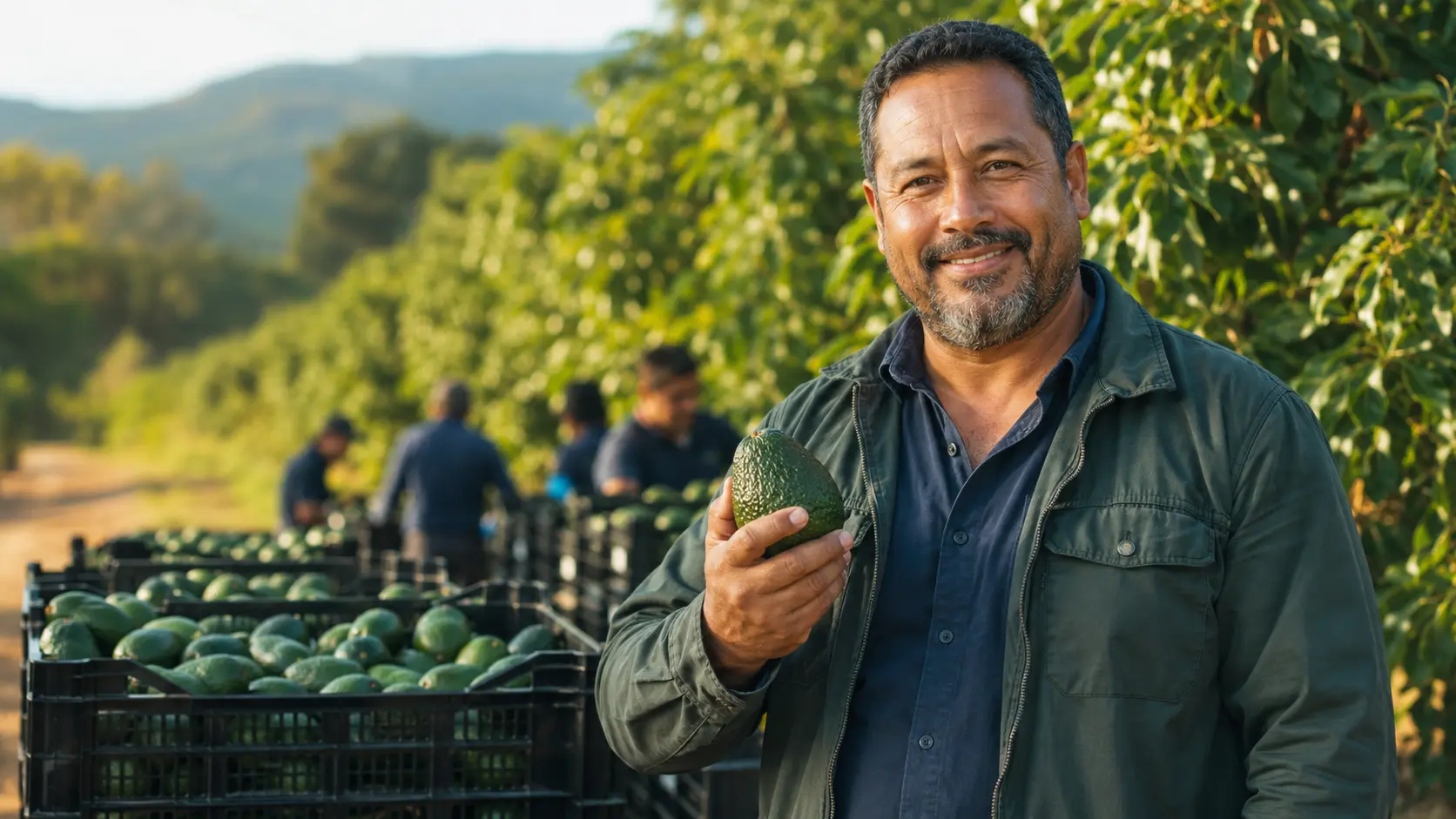 Grower holding an avocado beside harvest crates in a healthy orchard