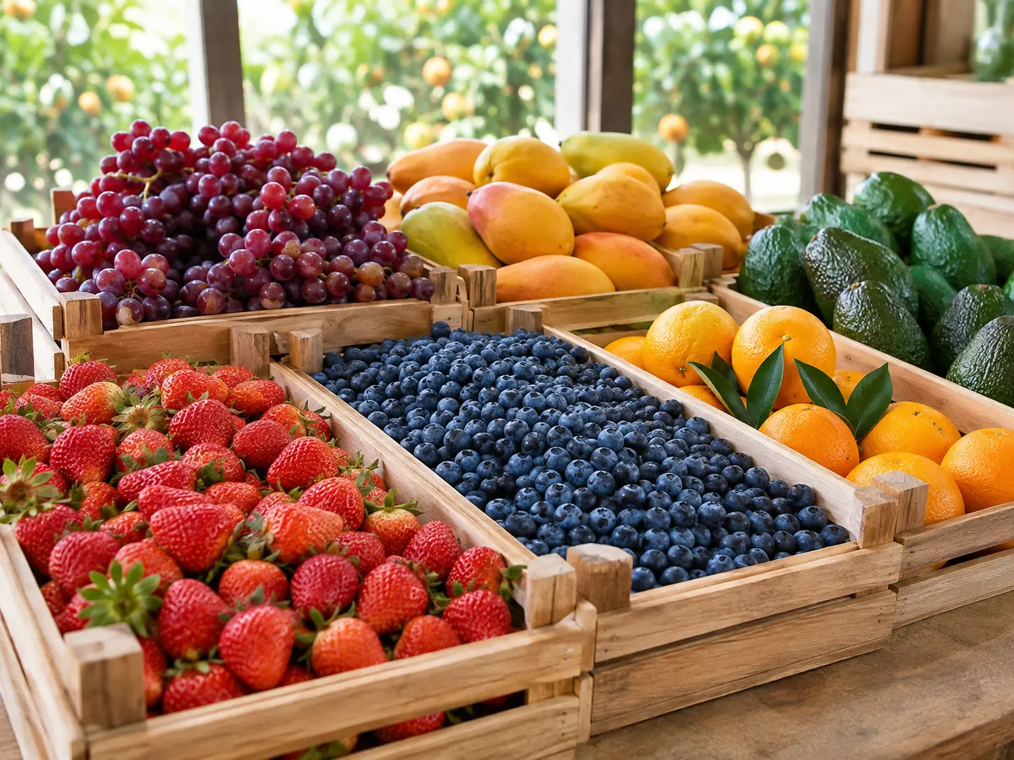 Export-quality berries, grapes, citrus, mangoes and avocados arranged in harvest crates