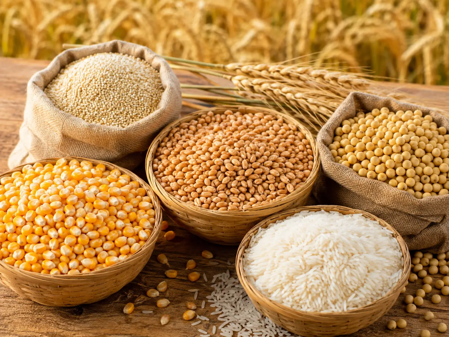 Rice, corn, wheat berries and other grains arranged in natural-fiber bowls and sacks