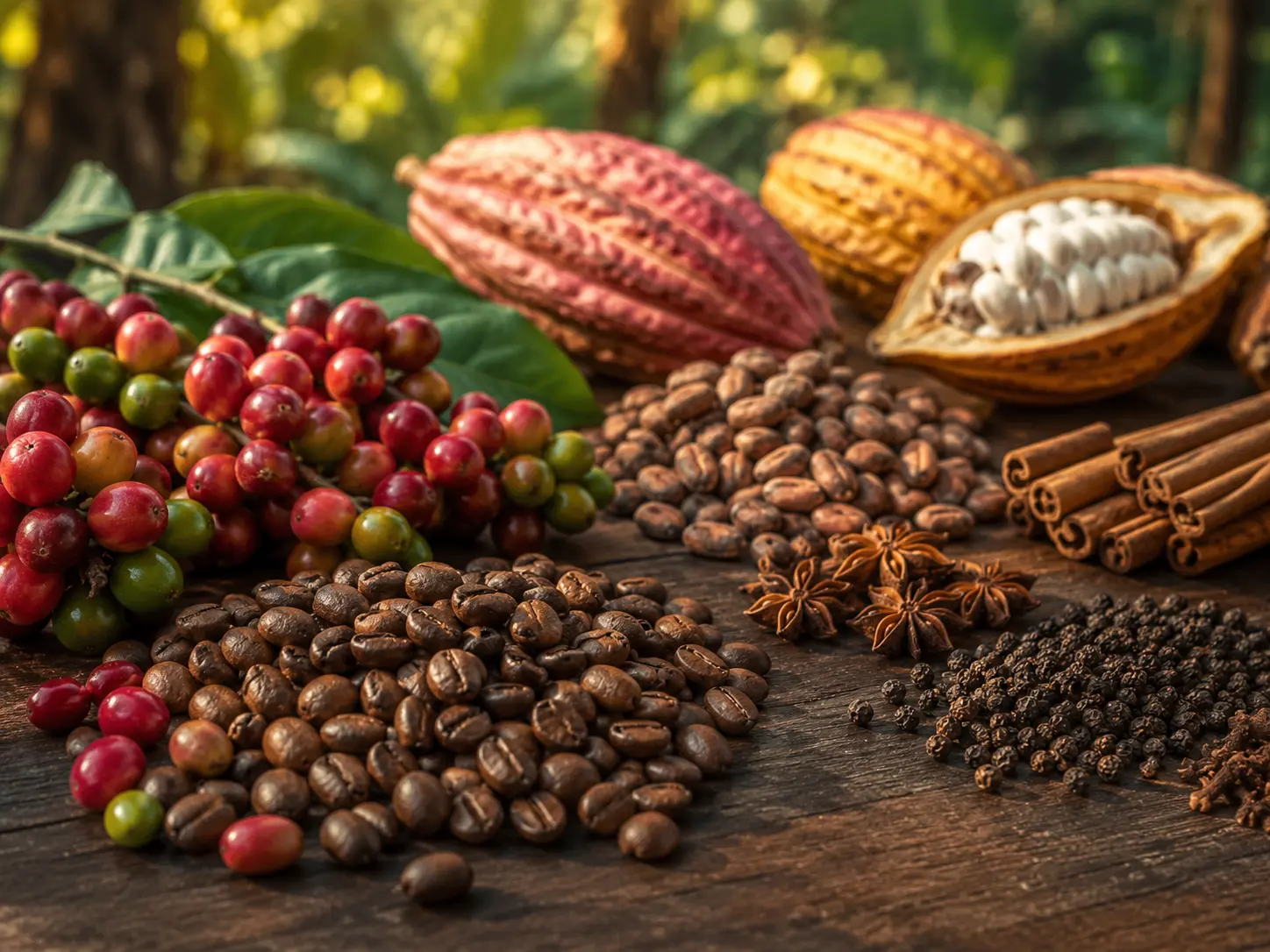Coffee, cocoa, cinnamon, star anise and pepper arranged after harvest