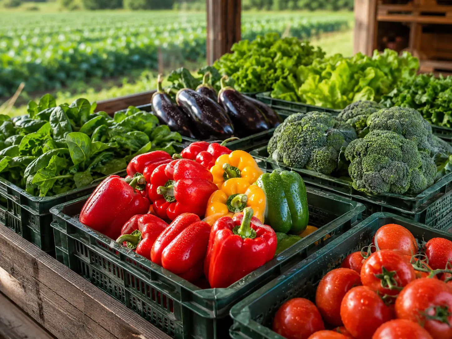 Fresh peppers, broccoli, cucumbers, tomatoes, greens and eggplants in reusable crates