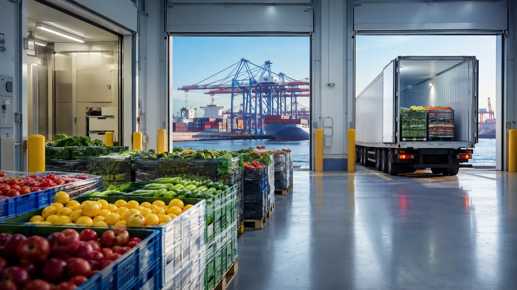 Fresh produce staged in a refrigerated logistics hub near trucks and a container port
