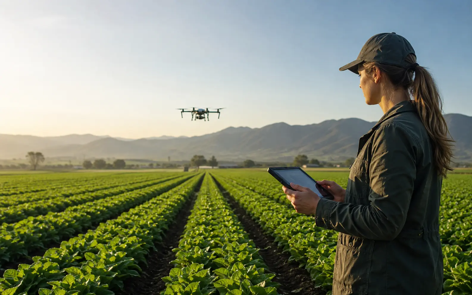 Agricultural technology specialist using a tablet while a drone monitors green crop rows